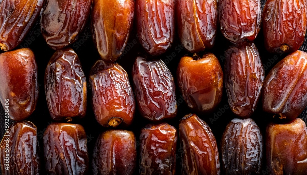 Aufkleber close up view of numerous fresh dried dates arranged in neat rows with glossy brown textures and som