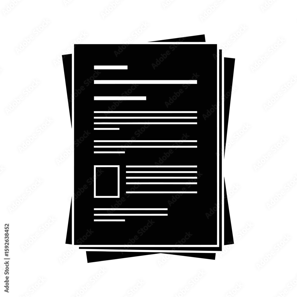 Poster isolated black and white illustration of stacked documents with text blocks