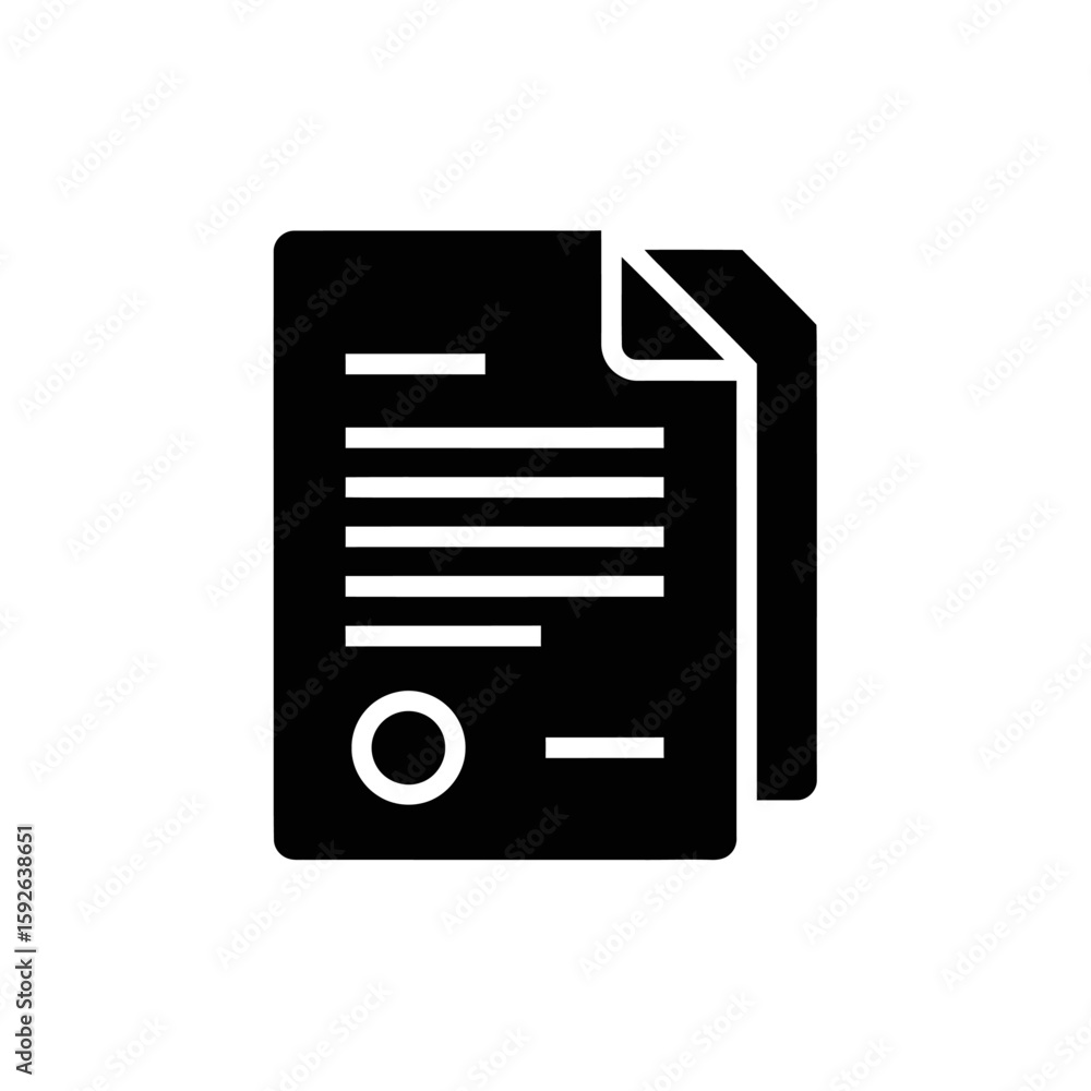 Poster a black document icon with text lines and a seal on a white background flat