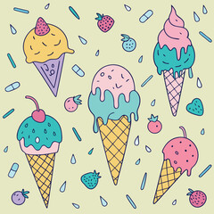 Whimsical handdrawn ice cream cone and strawberry doodle seamless pattern for summer and sweet themed backgrounds or prints