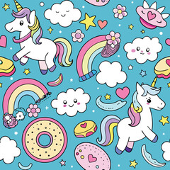 Whimsical unicorns and sweets handdrawn doodle seamless pattern cheerful childlike wallpaper fantasy elements background kawaii style unicorn design for kids