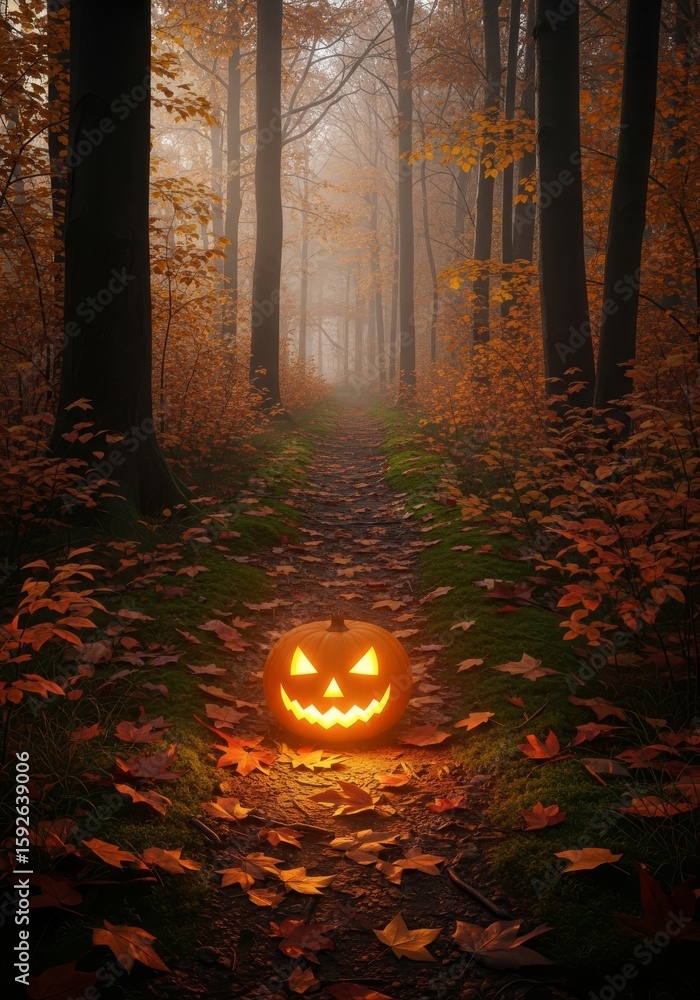 Poster jack o lantern forest path - a glowing jack-o'-lantern sits on a leaf-covered path in a misty autumn