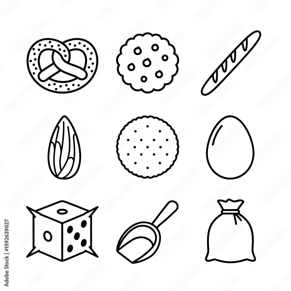 Poster a collection of food items and other objects in a simple line drawing style