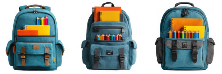 Three blue backpacks filled with school supplies, isolated on a transparent background