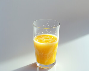  A glass of vibrant orange juice resting on a table, showcasing its bright color and refreshing appearance.