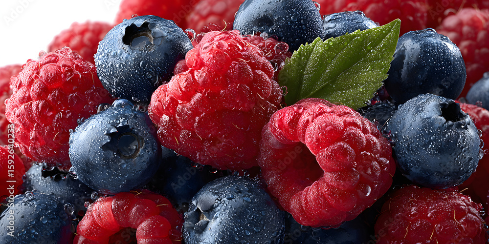 Poster fresh raspberries and blueberries arranged in various clusters isolated on transparent background wi