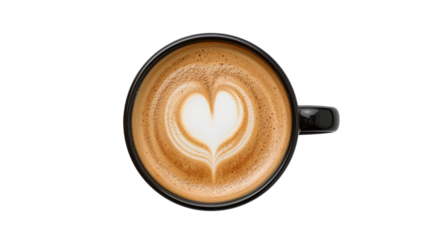 Top view of latte coffee with heart art in black cup isolated on transparent background png