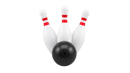 Bowling pins with red stripes and black bowling balls isolated on transparent background png