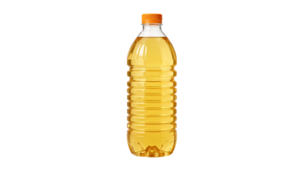 Clear plastic bottle of golden cooking oil with orange cap isolated on transparent background png