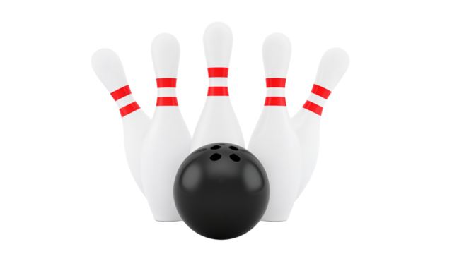Bowling pins with red stripes and black bowling balls isolated on transparent background png