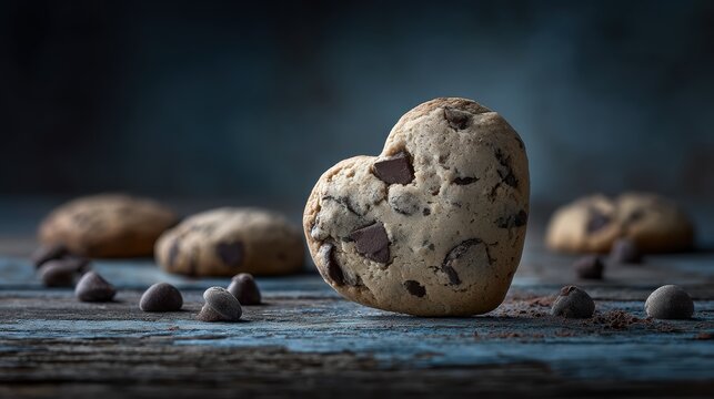 Heartshaped chocolate chip cookie on white background