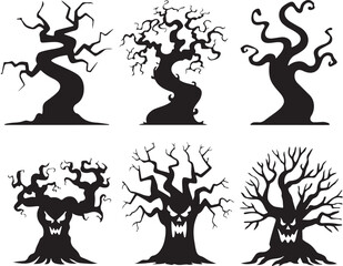 Scary Halloween Tree Silhouette Set with Evil Faces