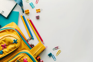 Yellow backpack with colorful stationery school supplies back to school