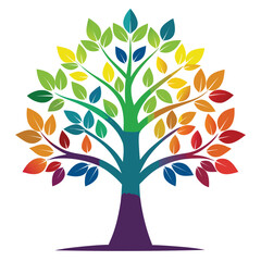 Naklejka premium A stunning stylized tree with vibrant rainbow-colored leaves arranged in a beautiful gradient, full of cheer and wonder.
