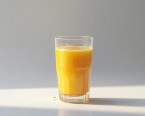 A clear glass filled with fresh orange juice on a table, with a soft focus background.