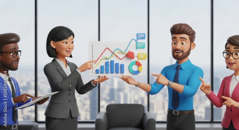 Aufkleber business team analyzing data graph - cartoon business team reviewing a colorful data graph, showcasi
