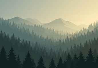 Fototapeta premium A serene illustration depicts a forest valley with layered mountain silhouettes.