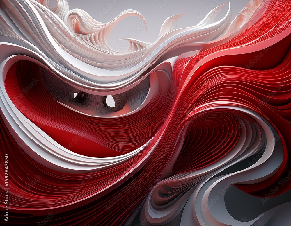 Poster a abstract 3d structure features intertwining flowing lines and organic shapes in shades of deep red