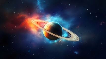 カラフルな星雲と土星のドット絵の鮮やかなデジタルイラストレーションと惑星環と宇宙の背景