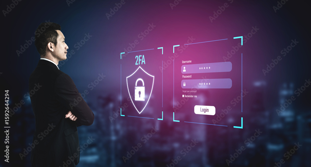 Poster two-factor authentication strengthens login system security. adds protection, two-factor authenticat