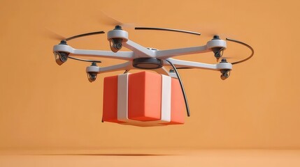 オレンジ色の背景に赤いギフトボックスを運ぶ白いドローンの航空配達のコンセプト