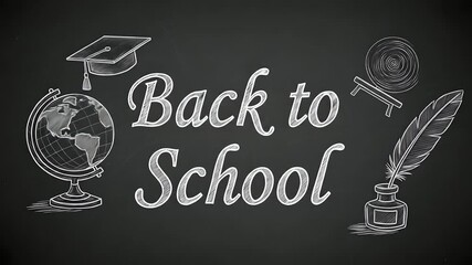 Back to School chalk drawing: Globe, pen, cap icons. Education concept for school promos, teacher resources, or back to school season. Retro style design, chalkboard animation - Powered by Adobe