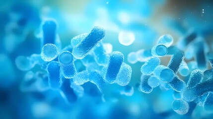 青い背景の細菌とウイルスと微生物の顕微鏡イメージのレンダリング