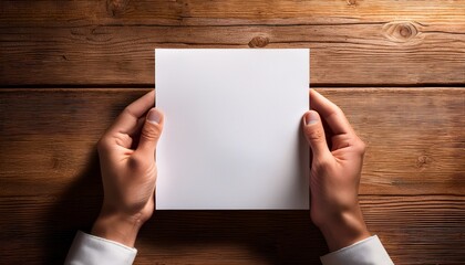 Obraz premium hands holding a blank white sheet of paper on a wooden table captured from top view with even lighting ideal for mockups or design presentations