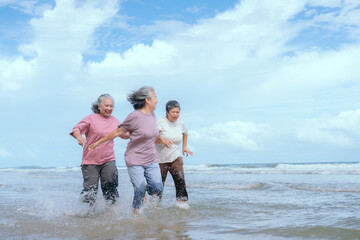 Three women enjoy a joyful walk along the beach during a sunny afternoon with gentle waves and clear blue skies