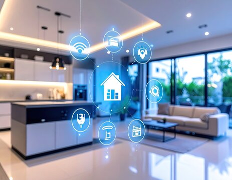 Smart home kitchen and living area with digital overlays - Powered by Adobe