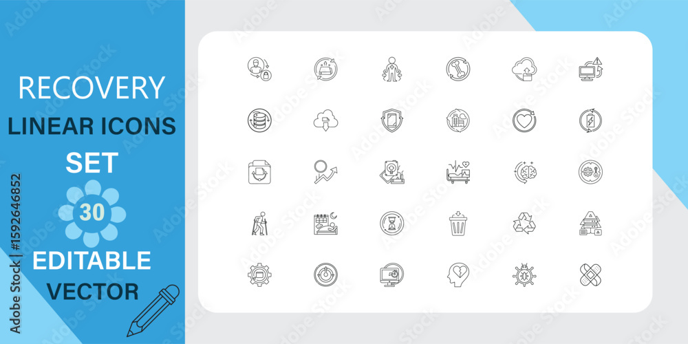 Poster thirty editable vector linear icons depicting data recovery, restoration, backup, and related proces