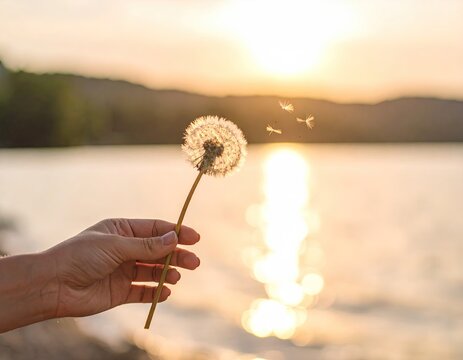Hand holding dandelion at sunset over water - Powered by Adobe
