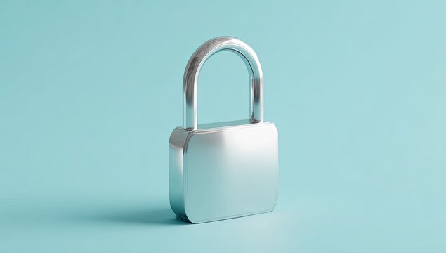 A metallic padlock on a light teal background