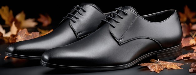 Stylish leather shoes rest on dark stones with bright autumn maple leaves, creating a chic aesthetic in a vibrant fashion studio setting.