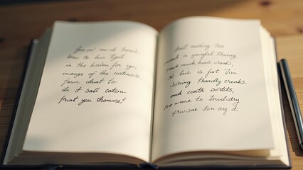 Open book displays handwritten script on aged paper with soft, warm, inviting light ambiance.