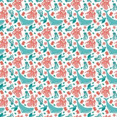  Pattern with playful underwater animals. White background gives lightness to the design. Can be used for boys and girls.