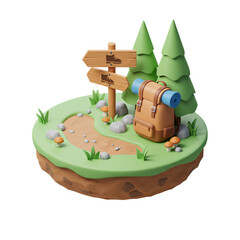 Hiking Trail Signpost: Family camping adventure with backpack and nature