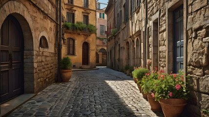 European stone alleyway exuding timeless charm and rich historical atmosphere.
