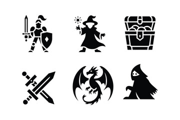 Knight wizard dragon treasure chest crossed swords hooded figure vector