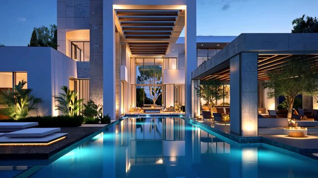 A modern house with a pool and outdoor lounge area is illuminated at night, 4k video