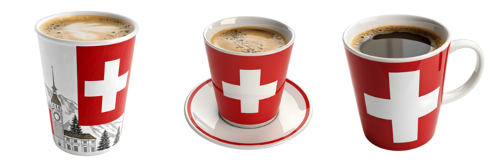 Set For Three cups of coffee are decorated with the swiss flag, isolated on transparent background
