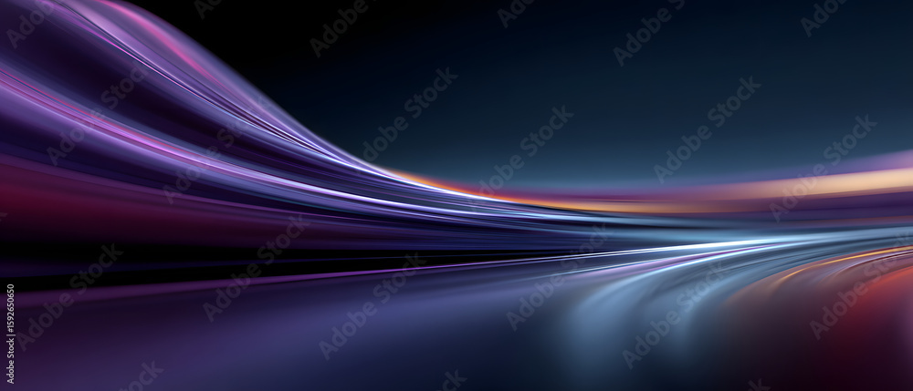 Poster an abstract image featuring dynamic lines in purple and blue hues against a dark gradient background