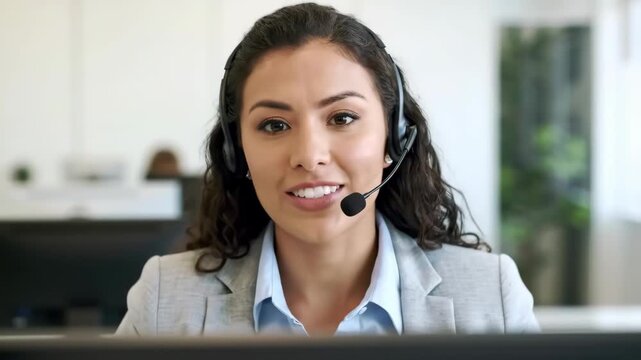 Friendly Female Hispanic Customer Service Representative with Headset Smiling at Camera in Modern Professional Office Environment
