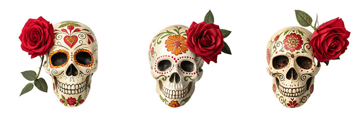 Set For Three sugar skulls decorated with roses isolated on transparent background