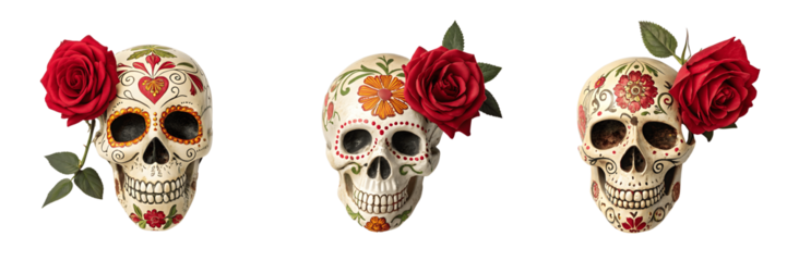 Set For Three sugar skulls decorated with roses isolated on transparent background