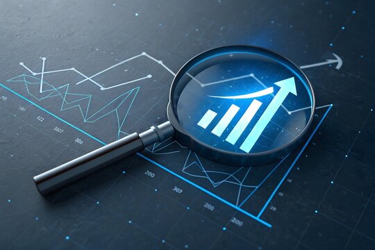 Magnifying glass reveals glowing upward trending bar graph on financial data charts - Powered by Adobe