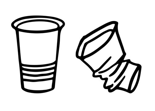 Minimalist line art of a disposable plastic cup and a crushed counterpart, highlighting single-use waste and environmental impact, urging reuse and recycling.