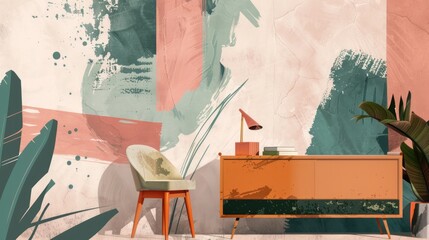 Abstract modern furniture mid-century collage interior scene with geometric shapes and textured background with paint splashes