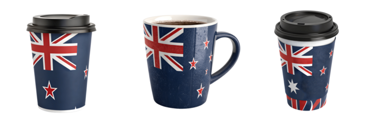 Set For Three cups of hot coffee decorated with the australian and new zealand flags isolated on transparent background