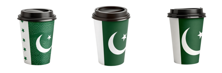Set For Three cups of hot coffee decorated with the pakistani flag isolated on transparent background